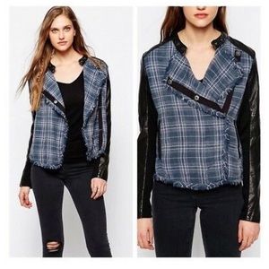FREE PEOPLE Blue Plaid Flannel Black Faux Moto Jac